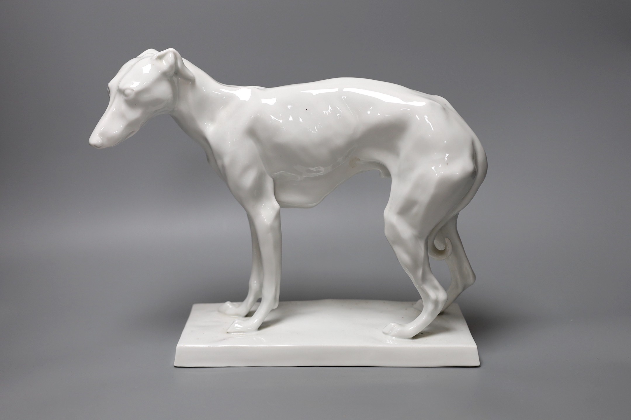 A 20th century German white glazed porcelain model of a whippet, impressed D. Moldenhauer, 31cm wide